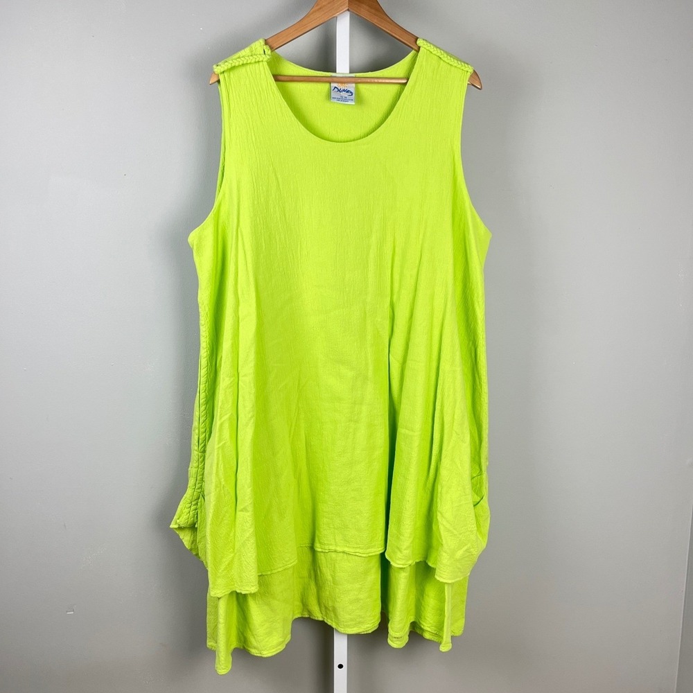 Dunes Crinkle Dress Sleeveless Tiered Layered Neon Green Casual‎ Womens Size 3X